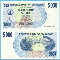 Зимбабве 5000 долларов 2007 год.