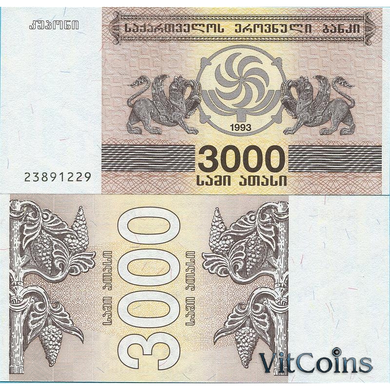 Банкнота Грузии 3000 лари 1993 год.