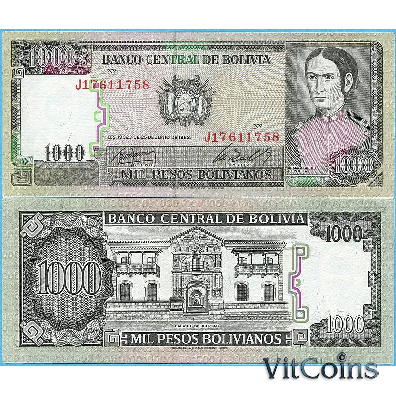 Банкнота Боливии 1000 песо боливиано 1982 год. Подписи: Rossel & Zalles.