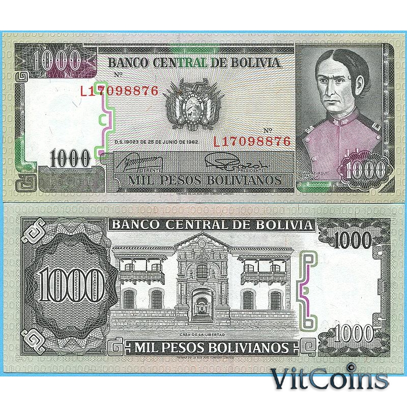 Банкнота Боливия 1000 песо боливиано 1982 год.  Rossel & Prado Gauchalla