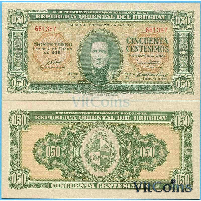 Банкнота Уругвай 50 сентесимо 1939 год. Серия D