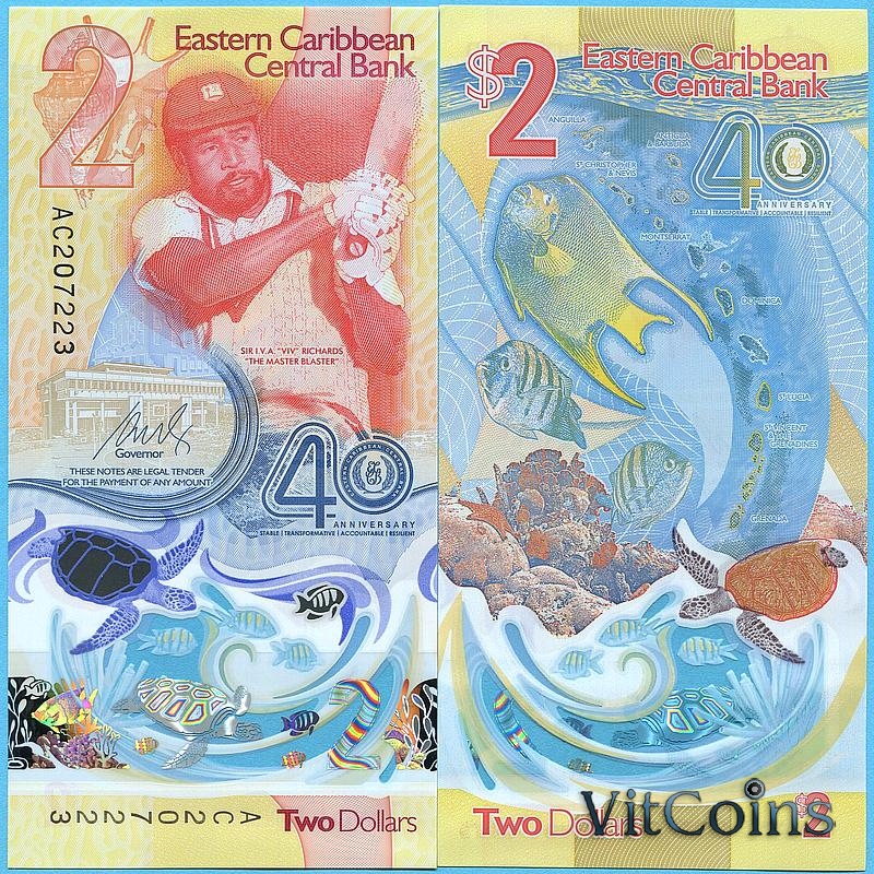 Банкнота Восточные Карибы 2 доллара 2023 год. 40 лет Центральному банку