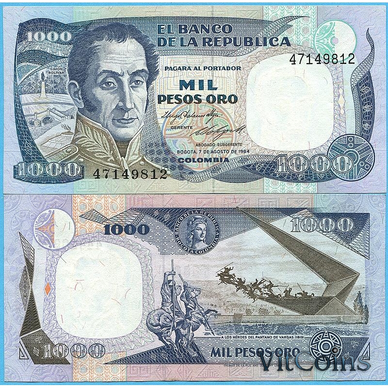 Банкнота Колумбия 1000 песо 1984 год.