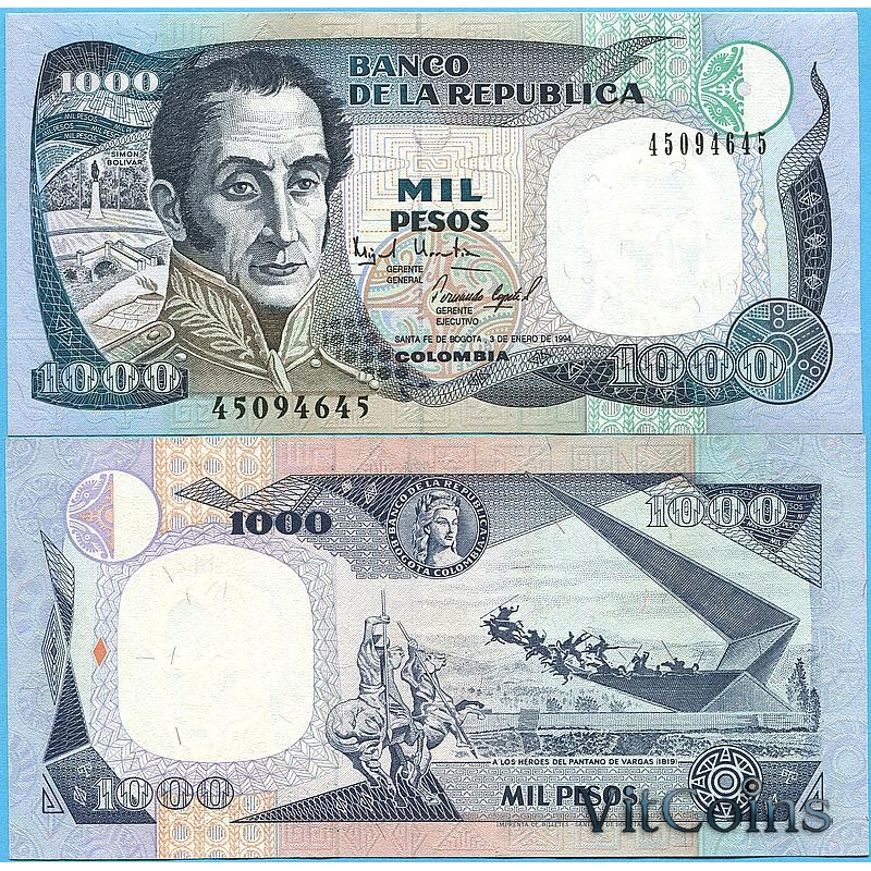 Банкнота Колумбия 1000 песо 1994 год.