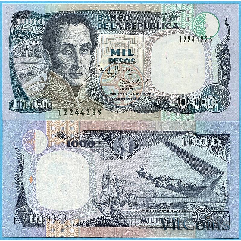 Банкнота Колумбия 1000 песо 1995 год.