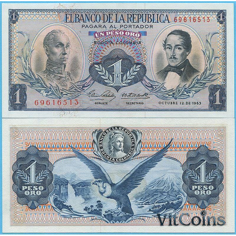 Банкнота Колумбии 1 песо 1963 год.