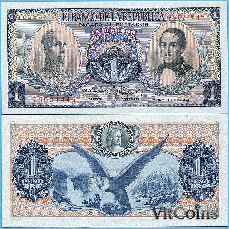 Банкнота Колумбии 1 песо 1973 год.