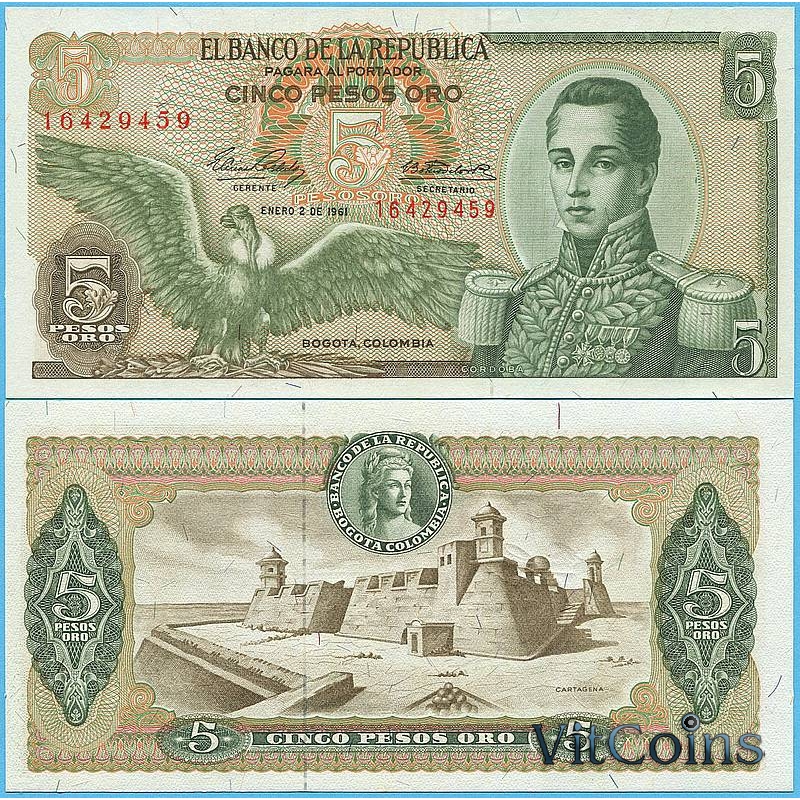 Банкнота Колумбии 5 песо 1961 год.