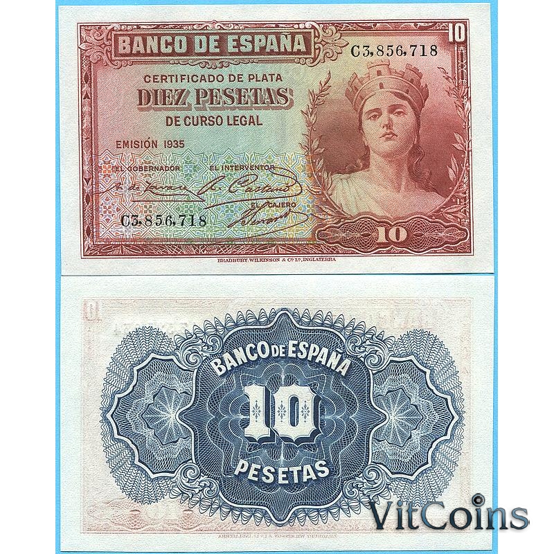 Банкнота Испания 10 песет 1935 год.