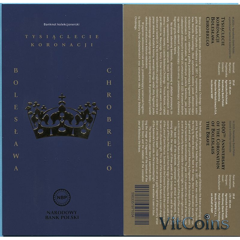 Банкнота Польша 20 злотых 2025 год. Тысячелетие коронации Болеслава Храброго. Буклет