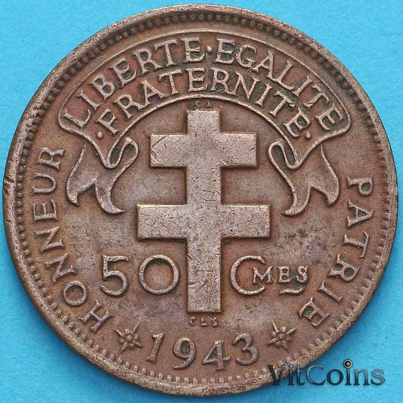 Монеты Французской Экваториальной Африки 1 франк 1943 год. Монеты Французской Экваториальной Африки 1 франк 1943 год.