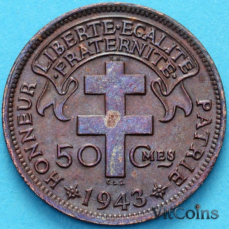 Монета Экваториальная Африка Французская 50 сантим 1943 год. №2
