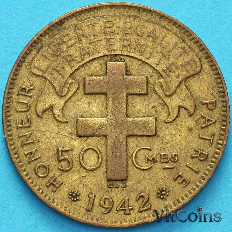 Монеты Французской Экваториальной Африки 50 сантим 1942 год. №1 Монеты Французской Экваториальной Африки 50 сантим 1942 год. №1