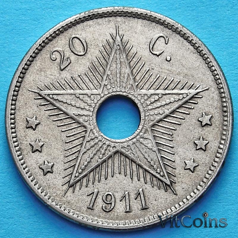 Монета Бельгийского Конго 20 сантим 1911 год.