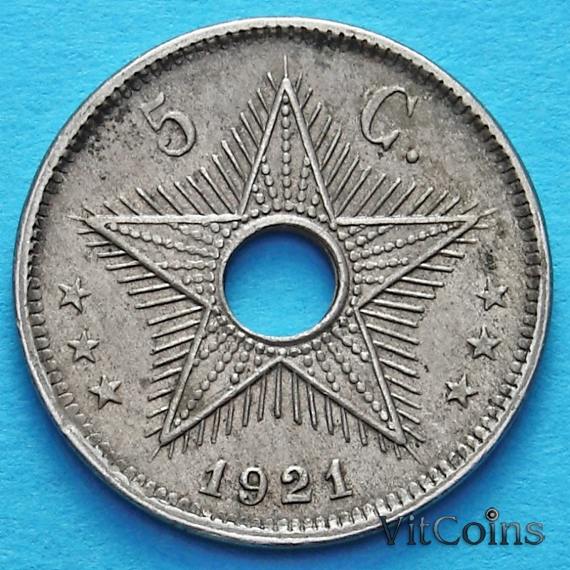 Монета Бельгийское Конго 5 сантим 1921 год.