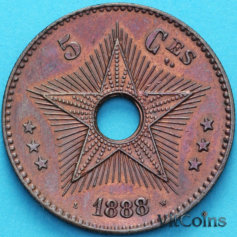 Монета Бельгийское Конго 5 сантим 1888 год.