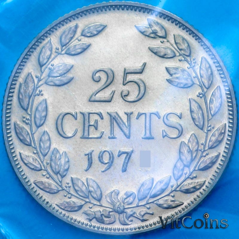 Монета Либерия 25 центов 1971 год. Proof