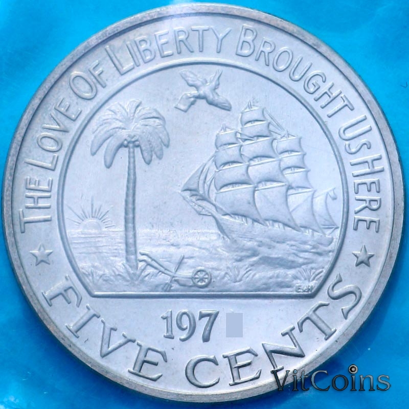 Монета Либерия 5 центов 1971 год. Proof