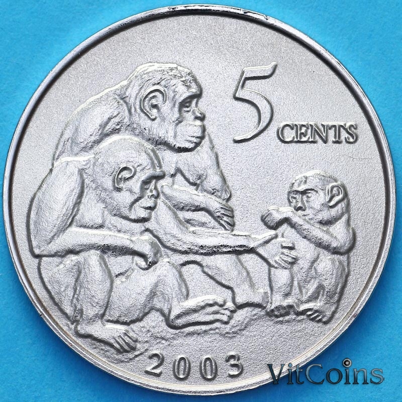 Монета Либерия 5 центов 2003 год. Обезьяны Монета Либерия 5 центов 2003 год. Обезьяны