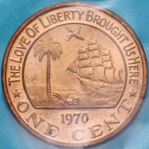 Либерия 1 цент 1970 год. Слон. Пруф