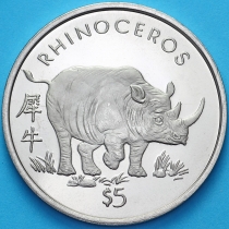 Либерия 5 долларов 1997 год. Носорог