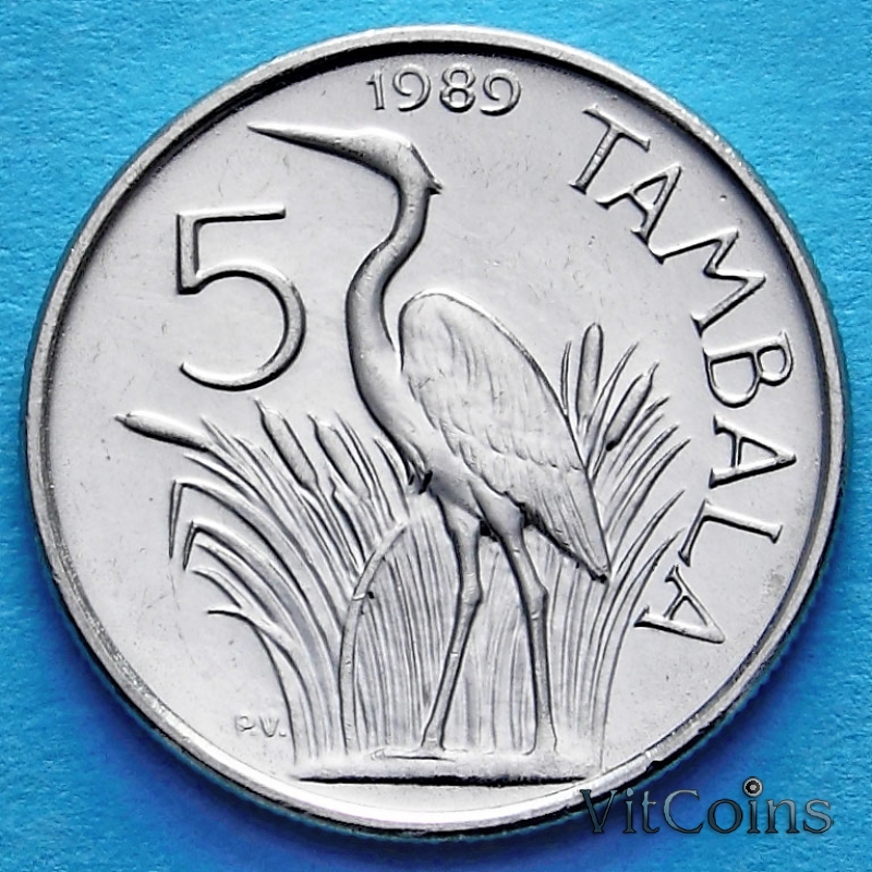 Монета Малави 5 тамбала 1989 год. Пурпурная цапля.