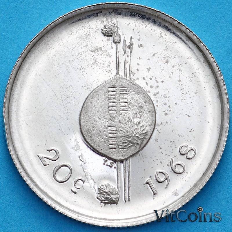 Монета Свазиленд 20 центов 1968 год. Независимость. Серебро.