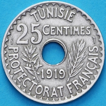 Тунис 25 сантим 1919 год.