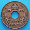 Монета Британская Восточная Африка 5 центов 1933 год.