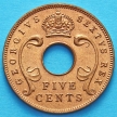 Монета Восточной Африки 5 центов 1952 год.
