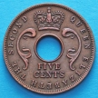 Монета Восточной Африки 5 центов 1956 год.