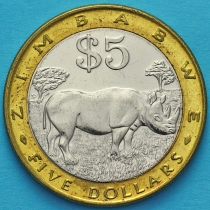 Зимбабве 5 долларов 2002 год. Носорог. XF.