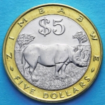 Зимбабве 5 долларов 2002 год. Носорог.