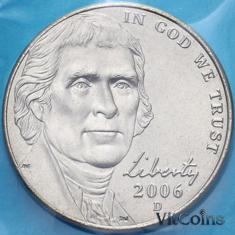 Монета США 5 центов 2006 год. D. Запайка