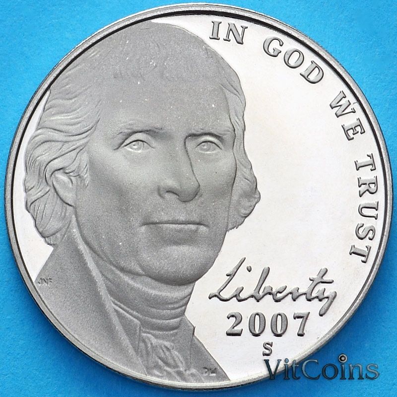 Монета США 5 центов 2007 год. S. Пруф