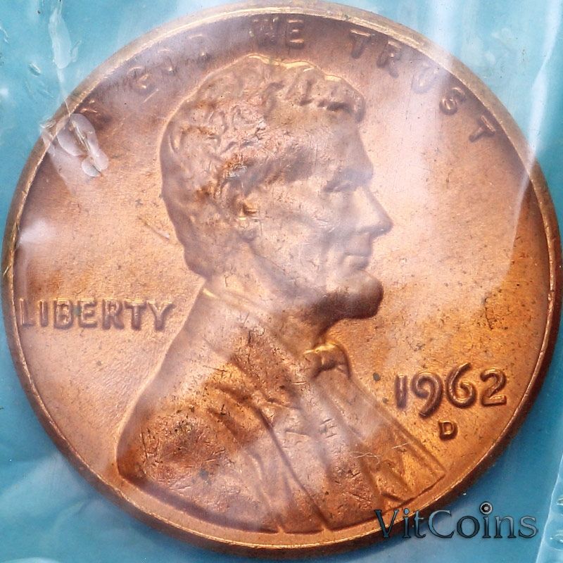 Монета США 1 цент 1962 год. D