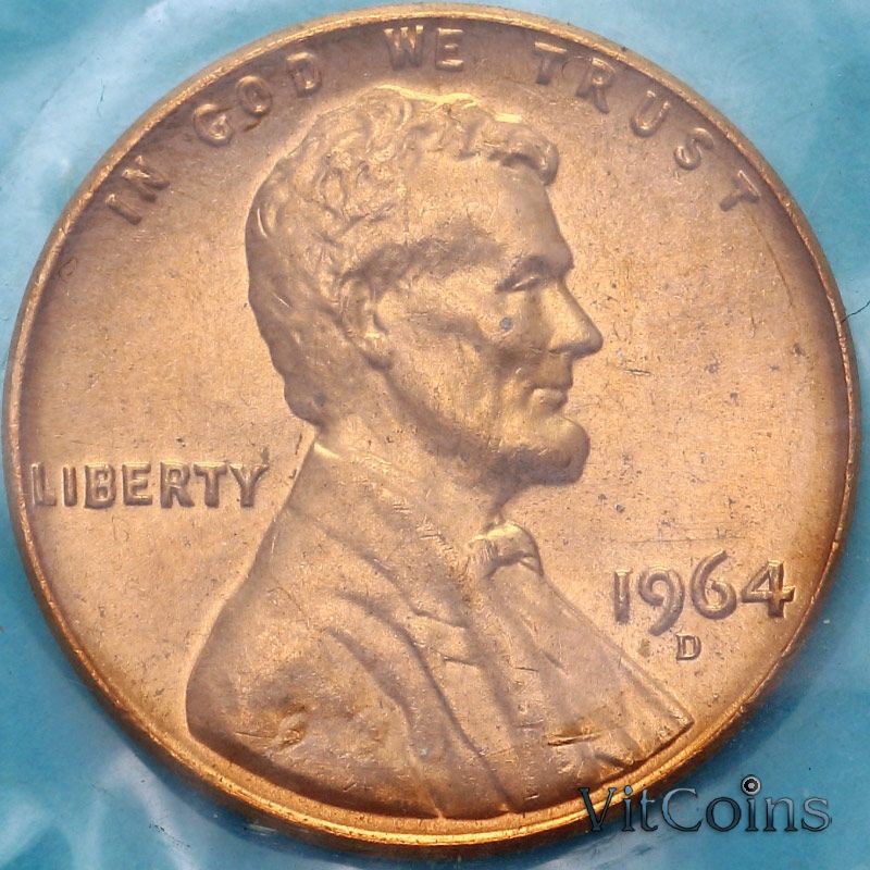 Монета США 1 цент 1964 год. D