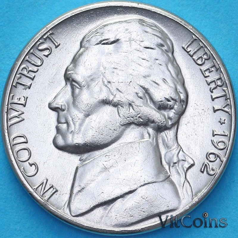 Монета США 5 центов 1962 год. Томас Джефферсон. D