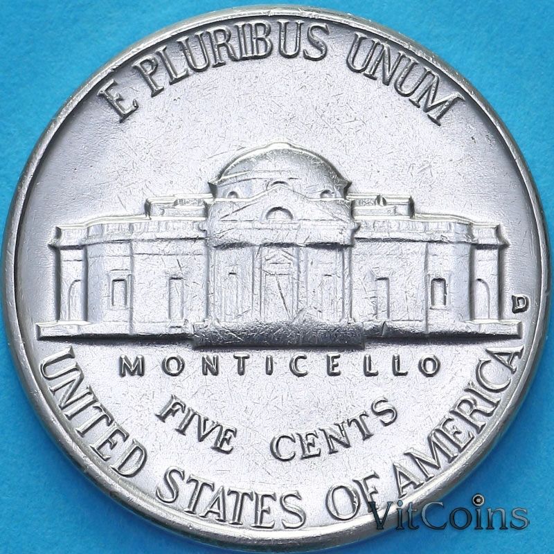 Монета США 5 центов 1963 год. Томас Джефферсон. D