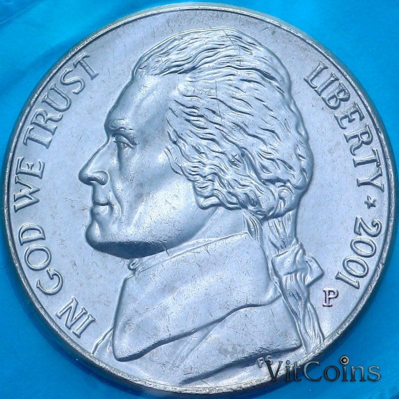 Монета США 5 центов 2001 год. Томас Джефферсон. Р. BU