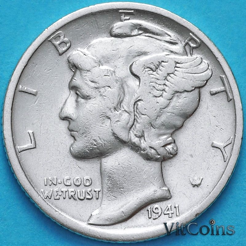 Монета США 10 центов (дайм) 1941 год. D. Серебро
