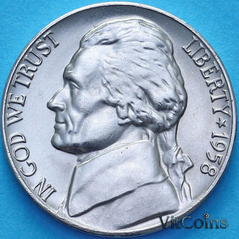 Монета США 5 центов 1958 год. Томас Джефферсон. D