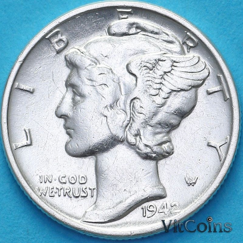 Монета США 10 центов (дайм) 1942 год. 