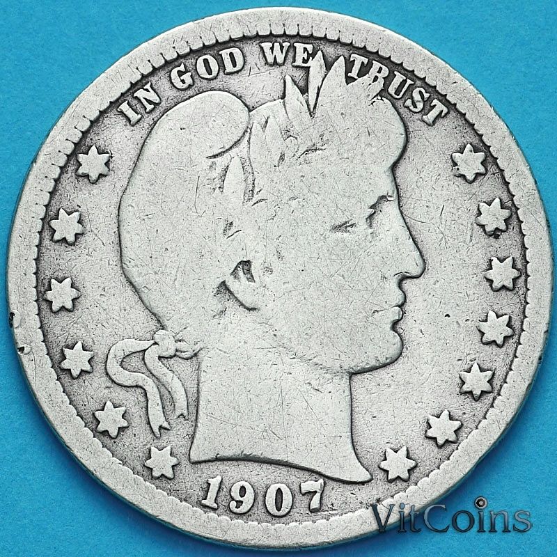 Монета США квотер Барбера (25 центов) 1907 год. Филадельфия. Серебро.