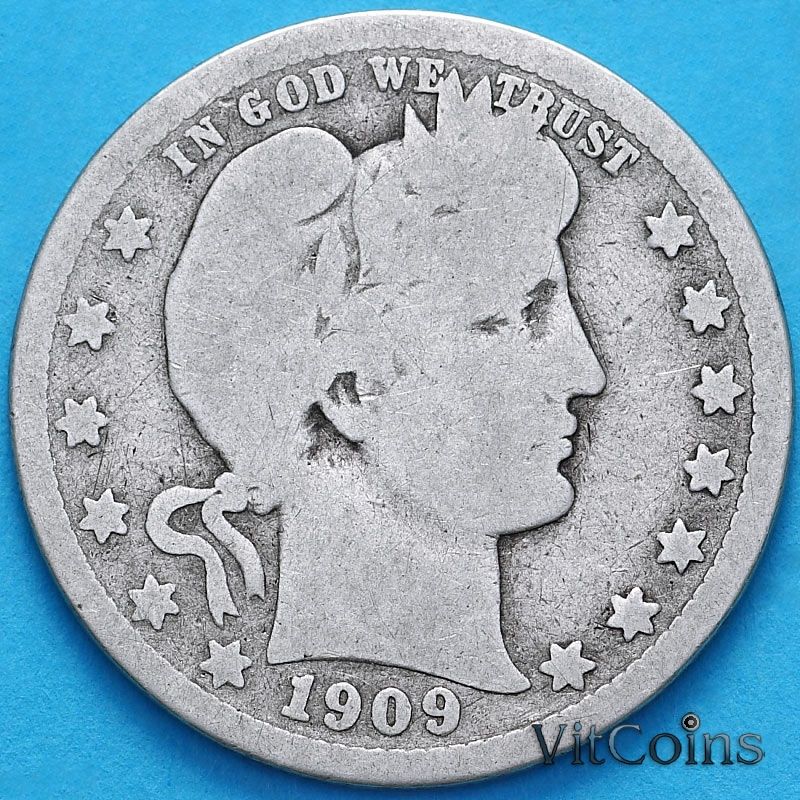 Монета США квотер Барбера (25 центов) 1909 год. Филадельфия. Серебро.