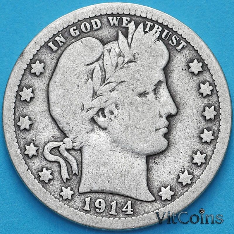 Монета США квотер Барбера (25 центов) 1914 год. Денвер. Серебро.