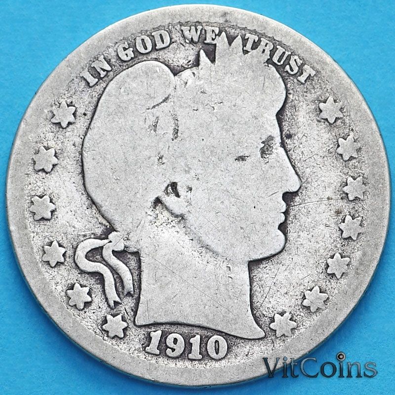 Монета США квотер Барбера (25 центов) 1910 год. Денвер. Серебро.