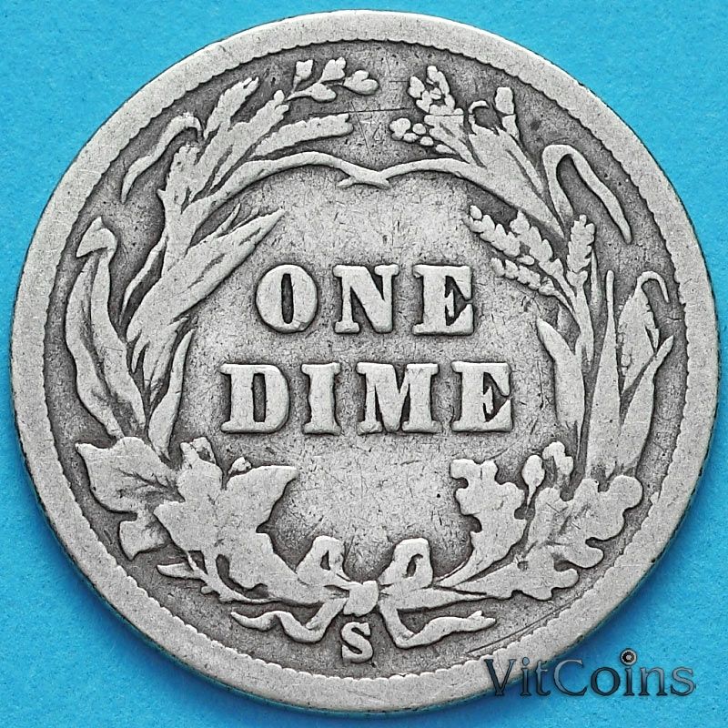 Монета США дайм Барбера (10 центов) 1900 год. S. Серебро.