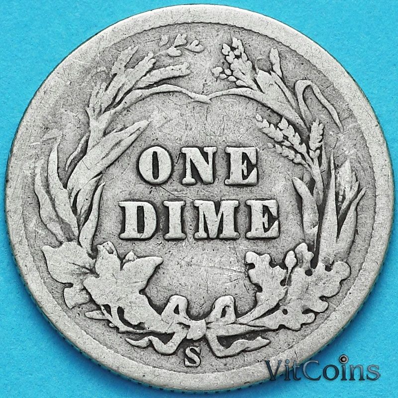 Монета США дайм Барбера (10 центов) 1905 год. S. Серебро.