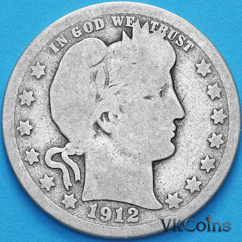 Монета США квотер Барбера (25 центов) 1912 год. S. Серебро.